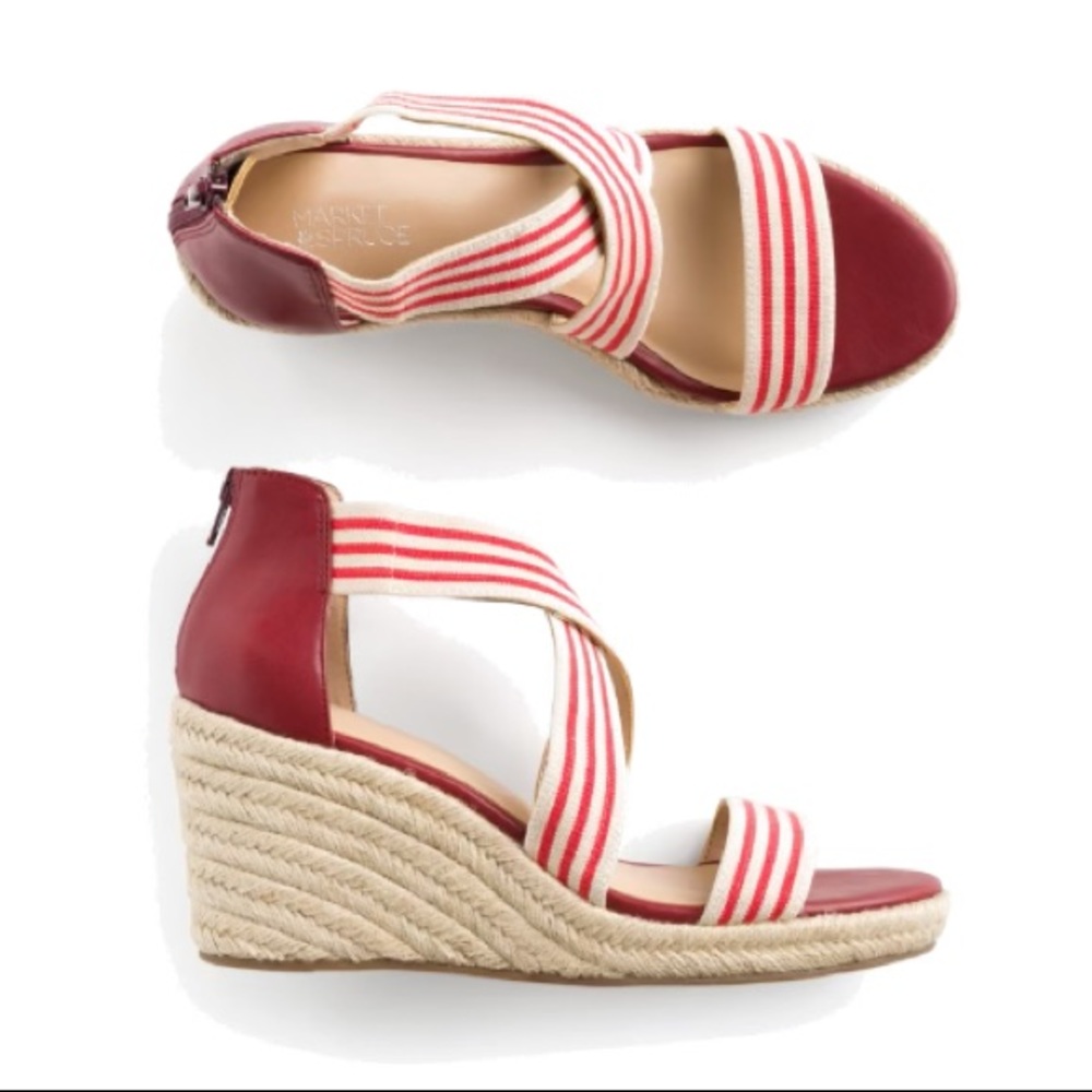 ๐SOLD Market & Spruce Mary Red Elastic Strappy Espadrille Wedge Sz 7 ๐ - Picture 1 of 8